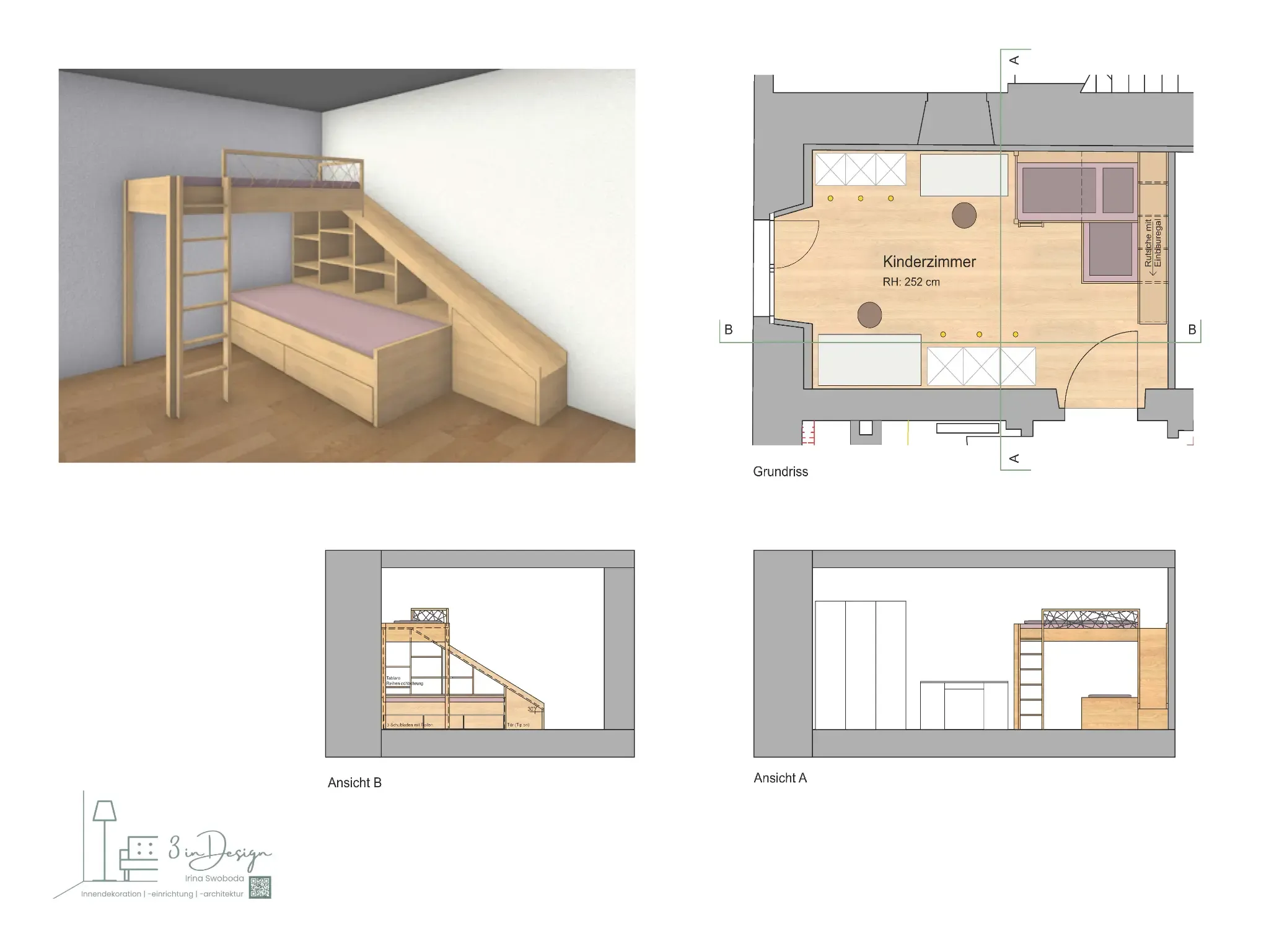 Technische Zeichnungen Kinderzimmer mit 3D-Visualisierung
