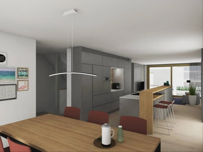 3D-Visualisierung einer offenen Küche mit Essbereich – Innenarchitektur von 3inDesign Schaffhausen